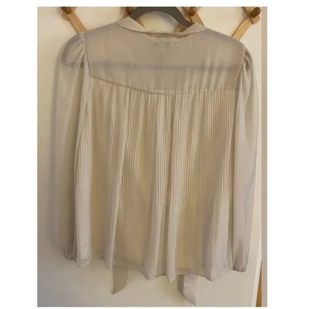 Nanette Lepore Top Women's Medium Cream Pleated Blouse Tie Long Sleeve Sheer - Picture 6 of 6